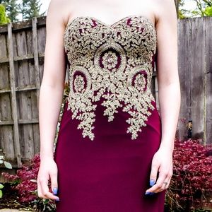 Wine red and gold prom dress